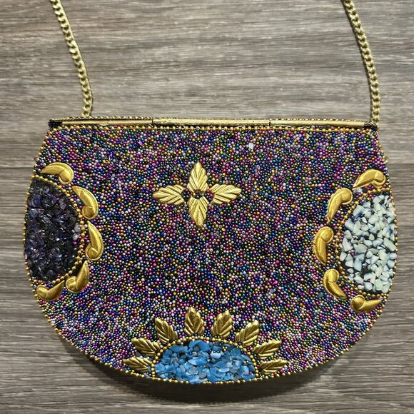 Ramla Beaded Clutch Purple Multicolor Mosaic Chain Strap Handmade NEW Prom - Picture 13 of 15